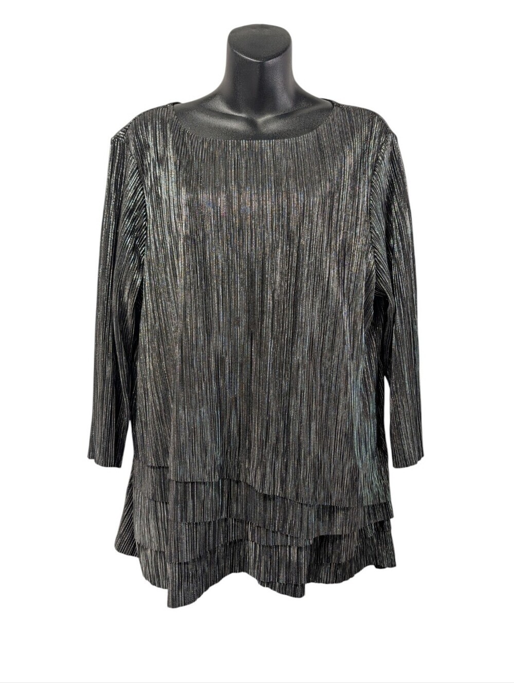 Christopher & Banks Women's Size XL Black Gray Metallic Pleated Tiered Tunic Top